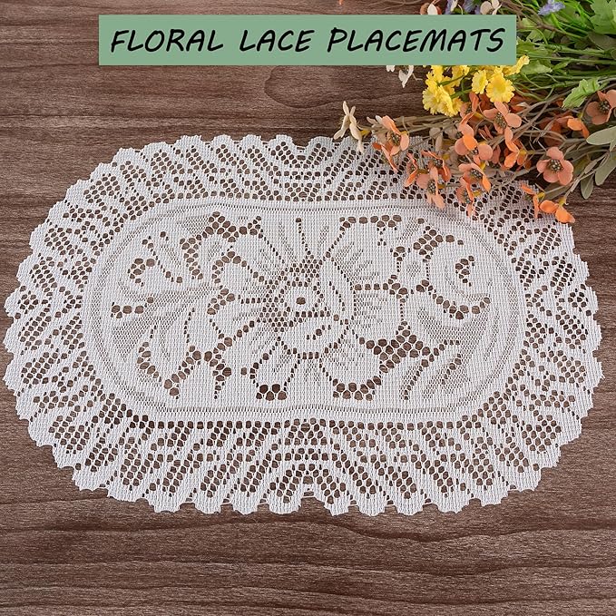 2PCS Oval Lace Placemats for Dining Table, White Lace Placemats Doilies, Embroidered Table Mats Farmhouse Cup Mat Vase Mat, 12x17 Inch