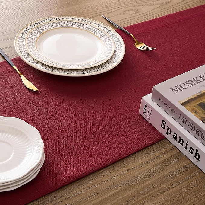 ZeeMart Linen Textured Border Table Runner, 14 x 90 Inch Red, Farmhouse Style Red Table Runners 90 Inches Long, Easy Care Everyday Polyester Table Runner