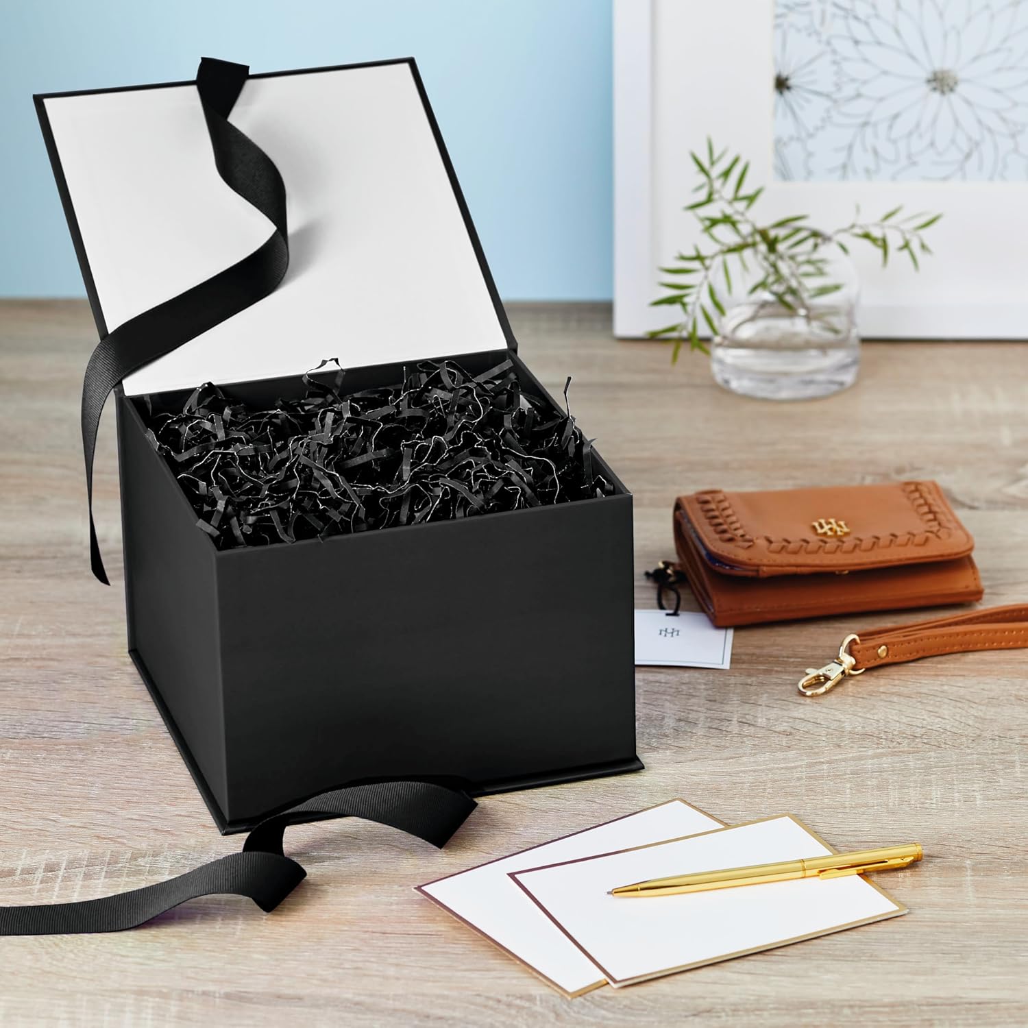 Hallmark Medium Gift Box with Lid and Shredded Paper Fill (Black 7 inch Box) for Weddings, Graduations, Birthdays, Father's Day, Groomsmen Gifts, All Occasion