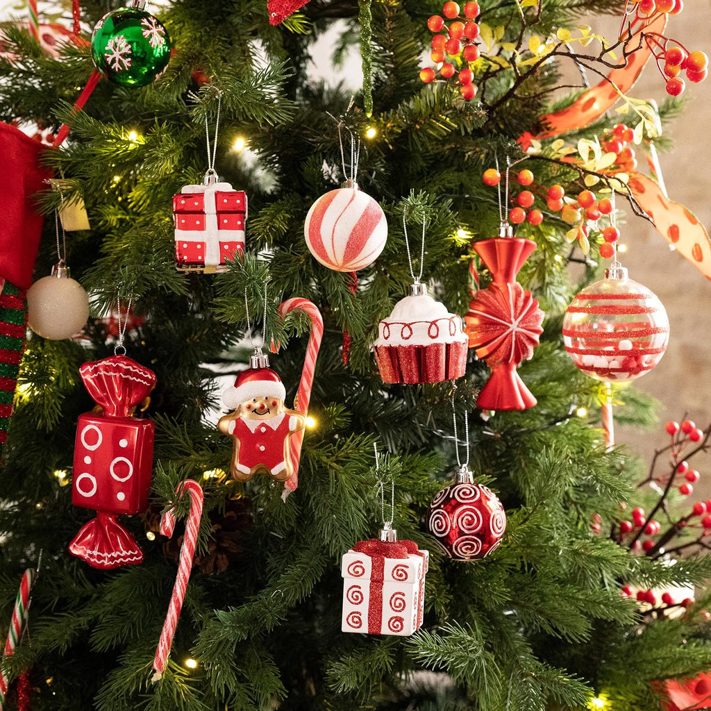 Valery Madelyn Christmas Ornaments Set, 120ct Candy Cane Red and White Shatterproof Christmas Tree Decorations Set, Variety Decorative Hanging Ball Ornaments Bulk for Xmas Holiday Party Decor