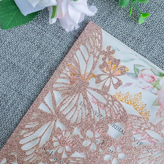 20 PCS 5.12x7.2 Butterfly Quinceanera Invitation, Laser Cut Wedding Invitation Cards with Envelopes for XV Anos Bridal Shower Baby Shower Invite (Rose Gold Glitter)