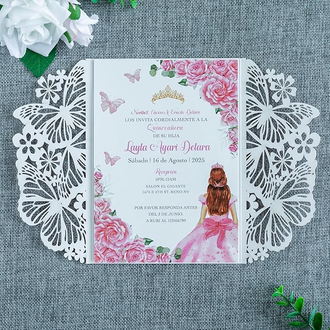 20 PCS 5.12x7.2 Butterfly Quinceanera Invitation, Laser Cut Wedding Invitation Cards with Envelopes for XV Anos Bridal Shower Baby Shower Invite (Pink Glitter)