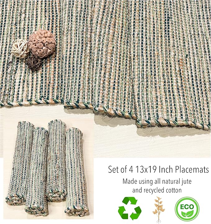 Chardin Home Natural Jute & Green Placemats, Set of 4 – Rustic Handmade Boho Table Mats, 13x19 Inch Dining Table Placemats for Kitchen, Everyday Meals, Holidays, Farmhouse or Modern Table Décor