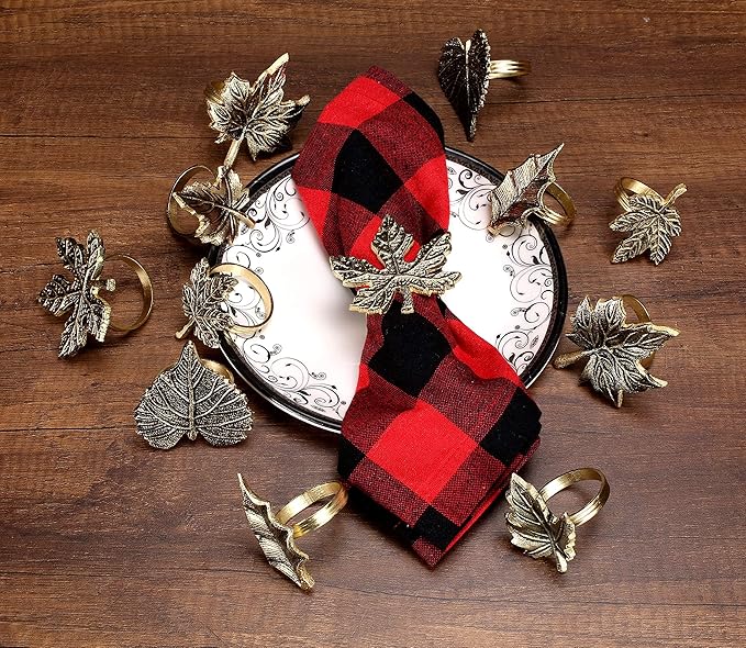 12-Piece Metal Napkin Rings - Antique Gold Harvest Leaf Napkin Rings - Decorative Table Accents for Holiday Party, Dinner, Family Gatherings, Table Décor Weddings & Everyday Use - ALPHA Living HOME