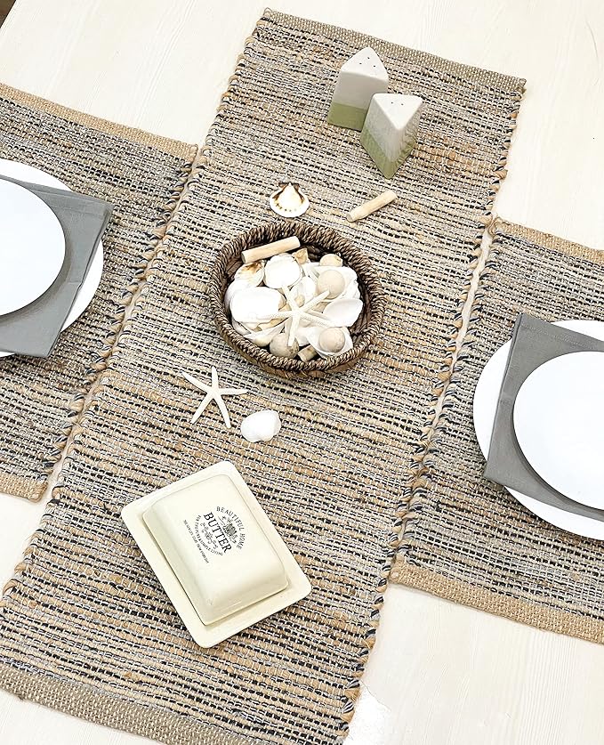 Chardin home Natural Jute Table Runner 13x48 Inch – Vintage Boho Rustic Table Decor – Handwoven Table Runner in Natural Jute and Grey – Farmhouse Dining or Console Table Accent