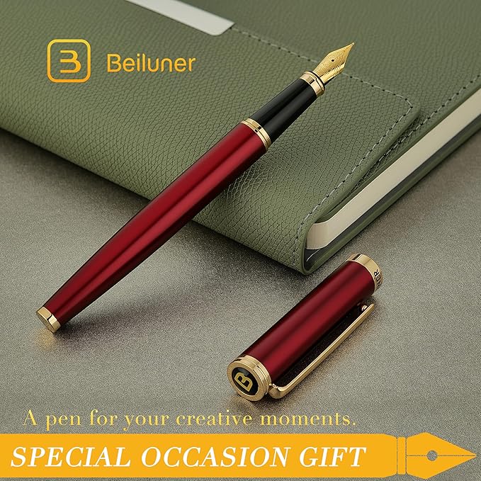 BEILUNER Red Fountain Pen,Stunning Luxury Pens with 24K Gold Finish, Gorgeous 24K Gilded Nib(Fine), Trustworthy Pen Gift for Men&Women -Ink Converter-Elegant,Graduation,Office,Nice Pen for Writing
