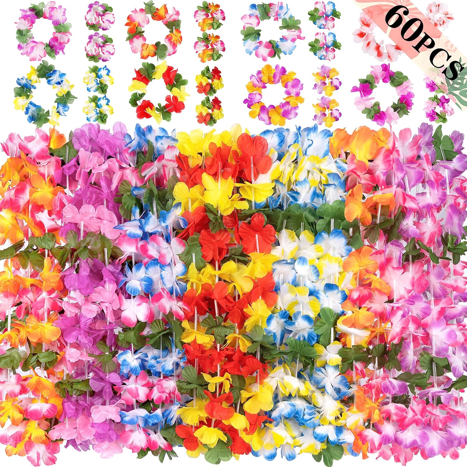 jollylife 60PCS Hawaiian Luau Leis Necklaces Bracelets Headbands Hibiscus Flowers Tropical Tiki Summer Pool Party Supplies Bulk