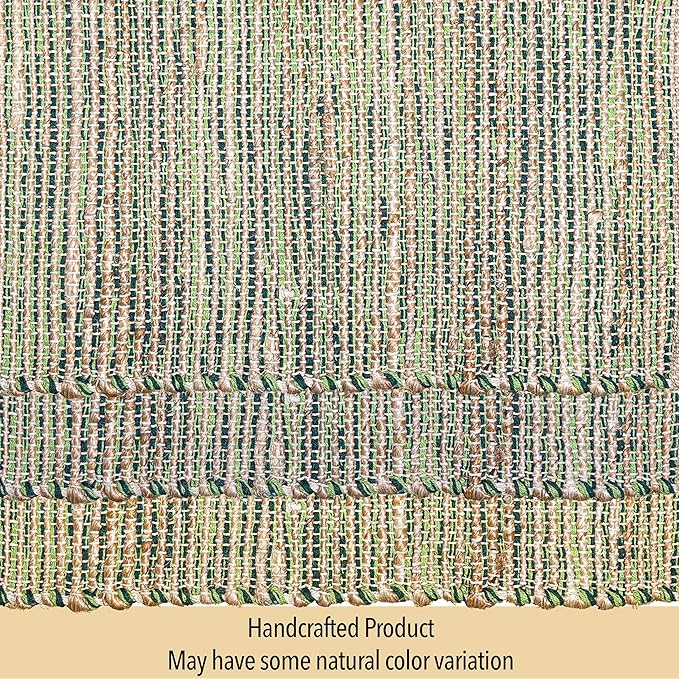 Chardin home Natural Jute Table Runner 13x90 Inch – Vintage Boho Rustic Table Decor – Handwoven Table Runner in Natural Jute and Green – Farmhouse Dining or Console Table Accent