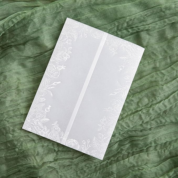 PONATIA 50PCS White Vellum Jackets for 5x7 Invitation Cards- 135GSM White Foil Print Flowers Sleeves, Vellum Paper 5x7 Wraps - Transparent Christmas Gift Cards Jackets