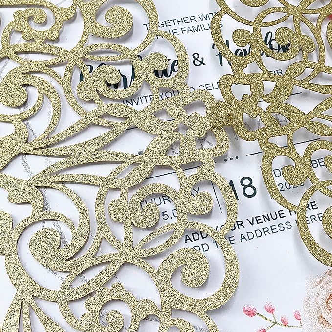 50Pcs Laser Cut Wedding Invitation With Glitter Envelopes And Ribbons Blank Personalized Card Invitaciones Para quinceañera Birthday Baby Shower Christmas Party Bridal Shower (Gold)