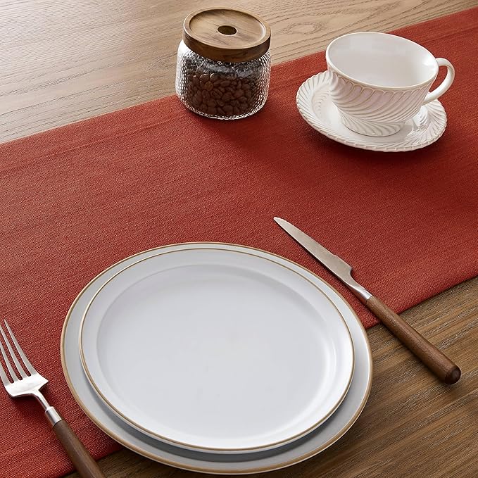 ZeeMart Linen Textured Border Table Runner, 14 x 60 Inch Orange, Farmhouse Style Burnt Orange Fall Table Runners 60 Inches Long, Easy Care Everyday Polyester Table Runner