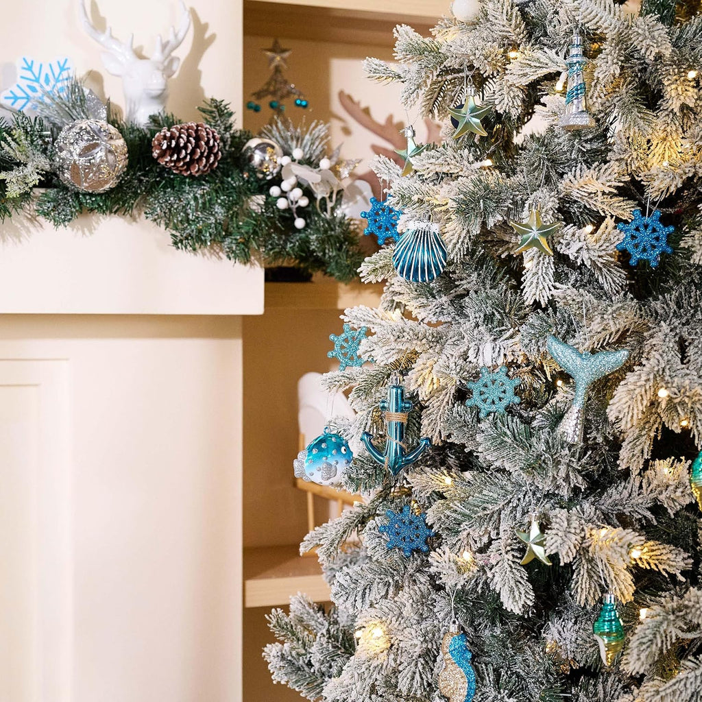 Valery Madelyn 12ct Summer Tree Ornaments Christmas in July Decorations | Teal Aqua Light Blue Silver Shatterproof Beach Coastal Ocean Themed Nautical Marine Seahorse Hanging Balls for Tropical Party