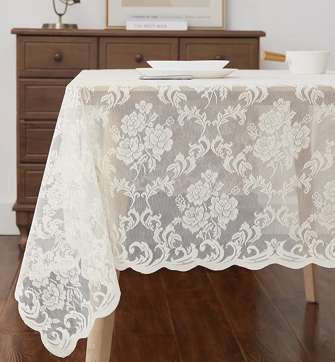 LinenZone Ivory Rectangle Tablecloth for Rustic Vintage Decor. Sheer Lace Works Great As Wedding, Thanksgiving or Christmas Tablecloth (Mia TC 60 x 144, Ivory)