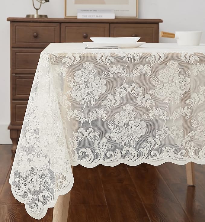 LinenZone Ivory Rectangle Tablecloth for Rustic Vintage Decor. Sheer Lace Works Great As Wedding, Thanksgiving or Christmas Tablecloth (Mia TC 60 x 84, Ivory)
