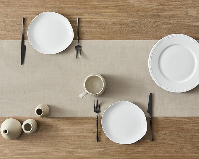 ZeeMart Linen Textured Border Table Runner, 14 x 48 Inch Natural, Farmhouse Style Neutral Table Runners 48 Inches Long, Easy Care Everyday Polyester Table Runner