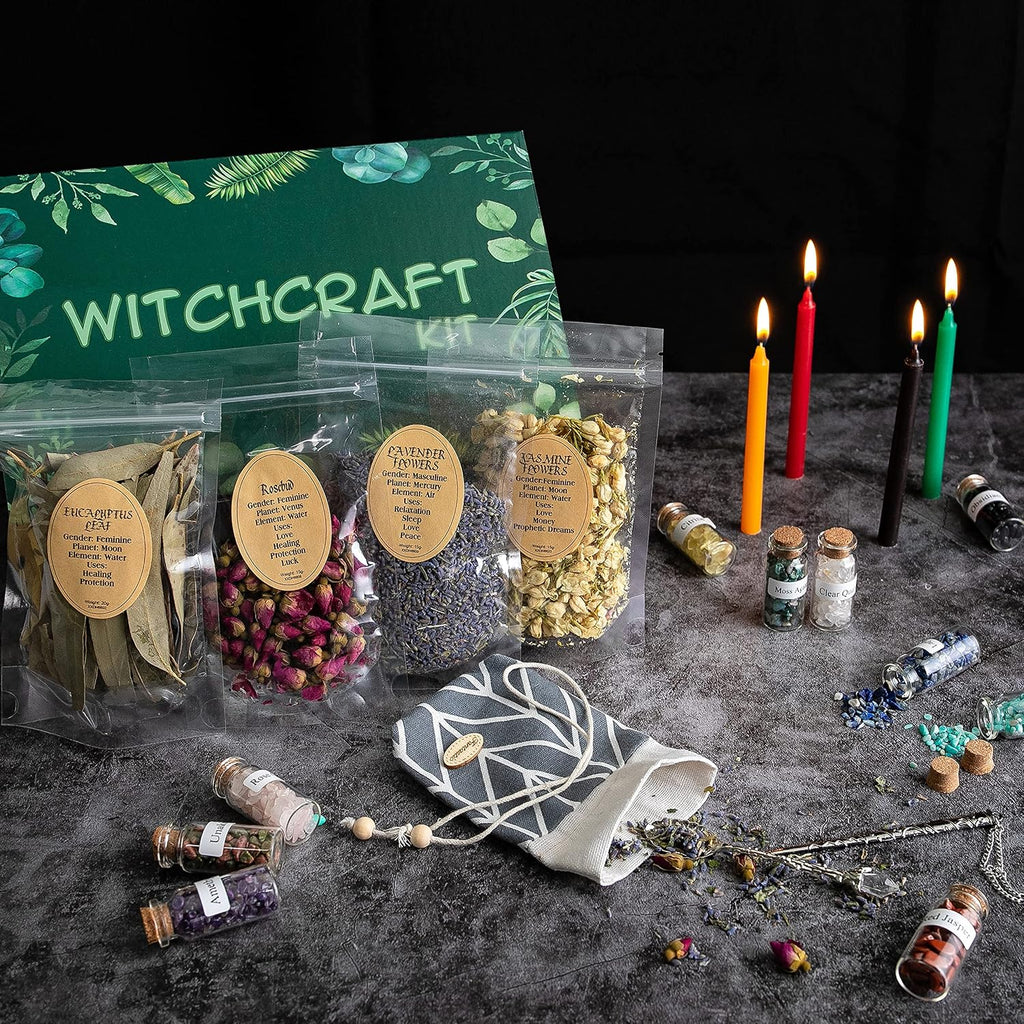 KINGBOCH Witchcraft Supplies Box for Wiccan Spells, 61PCS Witchcraft Starter Kit, Spell Candles&Crystals&Dried Herbs& Magic Wand Necklace, Versatile Tools Gifts for Beginner Experienced