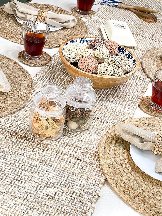 Chardin home Natural Jute Table Runner 13x108 Inch – Vintage Boho Rustic Table Decor – Handwoven Long Table Runner in Natural Jute and Ivory – Farmhouse Dining or Console Table Accent
