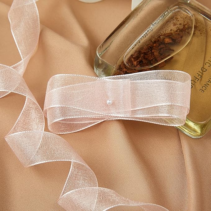 1 Inch Wide Sheer Chiffon Ribbon - Pearl Silk Woven Ribbon Suitable for Gift Wrapping, Wedding Decor, Home Decor, Girl Hair Accessories Handmade DIY (25 Yards/roll) (Baby Pink)
