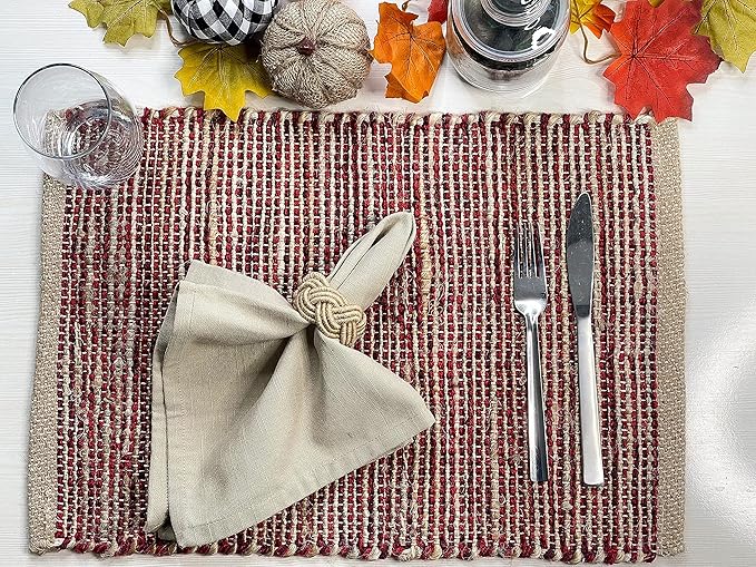 Chardin Home Natural Jute & Red Placemats, Set of 4 – Rustic Handmade Boho Table Mats, 13x19 Inch Dining Table Placemats for Kitchen, Everyday Meals, Holidays, Farmhouse or Modern Table Décor