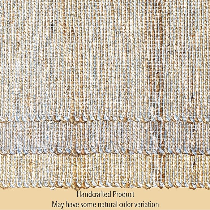 Chardin home Natural Jute Table Runner 13x36 Inch – Vintage Boho Rustic Table Decor – Handwoven Table Runner in Natural Jute and Sky Blue-White – Farmhouse Dining or Console Table Accent