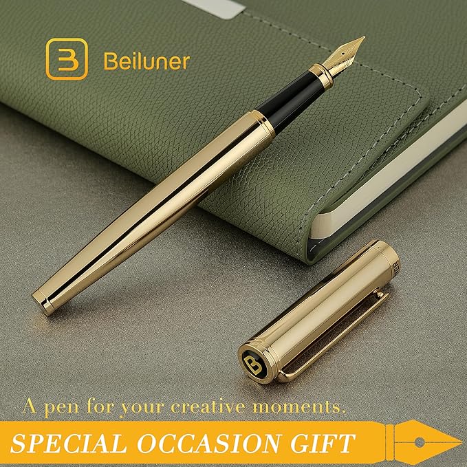 BEILUNER Gold Fountain Pen,Stunning Luxury Pens with 24K Gold Finish, Gorgeous 24K Gilded Nib(Medium), Fancy Pen Gift Set for Men&Women -Ink Converter-Elegant,Office,Nice Pen for Writing