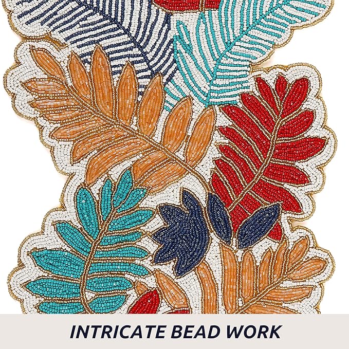 Beaded Table Runner 13x36 - Handmade Leaf Design, Glass Beads & Polyester Backing - Decorative Dining Table Centerpiece for Weddings, Parties, Thanksgiving, Christmas & Everyday Décor - CLEENTABLE