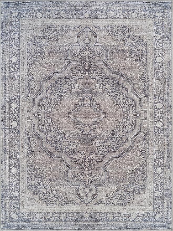 Bloom Rugs Washable Non-Slip 4' x 6' Rug - Blue/Steel Gray/Beige Traditional Medallion Area Rug for Living Room, Bedroom, Dining Room, and Kitchen - Exact Size: 4' x 6'