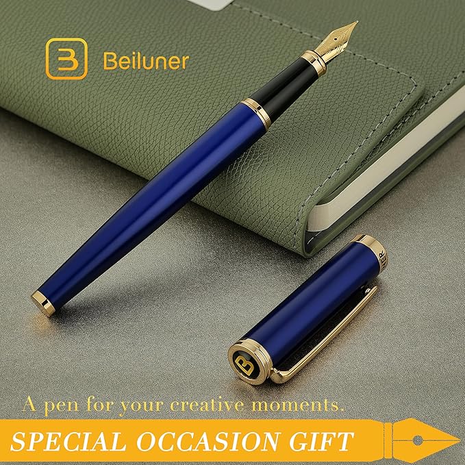 BEILUNER Blue Fountain Pen,Stunning Luxury Pens with 24K Gold Finish, Gorgeous 24K Gilded Nib(Fine), Trustworthy Pen Gift for Men&Women -Ink Converter-Elegant, Graduation,Nice Pen for Writing