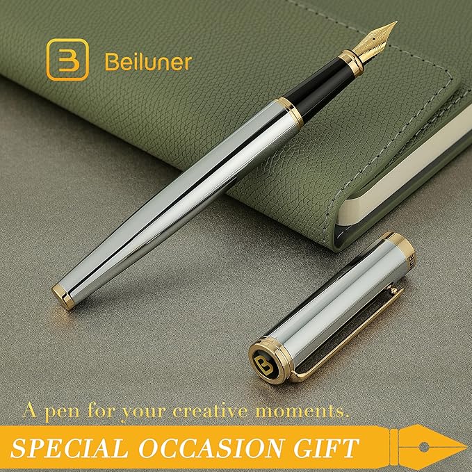 BEILUNER Silver Chrome Fountain Pen,Stunning Luxury with 24K Gold Accents, Gorgeous 24K Gilded Nib(Fine), Trustworthy Pen Gift for Men&Women -Ink Converter-Elegant, Graduation,Nice Pen for Writing
