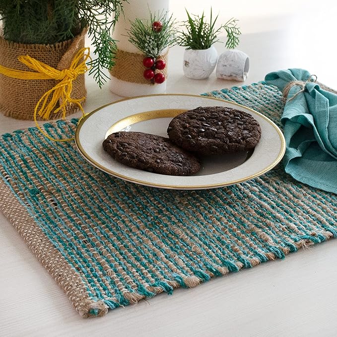 Chardin Home Natural Jute & Aqua Turquoise Placemats, Set of 4 – Rustic Handmade Boho Table Mats, 13x19 in Dining Table Placemats - Kitchen, Everyday Meals, Holidays, Farmhouse or Modern Table Décor