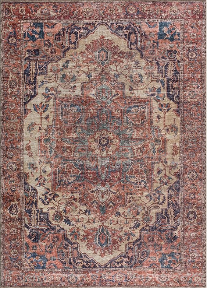Bloom Rugs Washable 8' x 10' Rug - Beige/Terracotta Traditional Area Rug for Living Room, Bedroom, Dining Room, and Kitchen - Exact Size: 8' x 10'