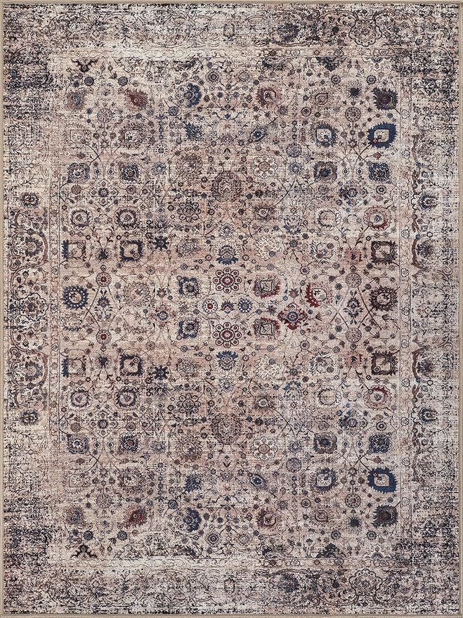 Bloom Rugs Washable Non-Slip 9' x 12' Rug - Light Tan/Blue Traditional Oriental Area Rug for Living Room, Bedroom, Dining Room, and Kitchen - Exact Size: 9' x 12'