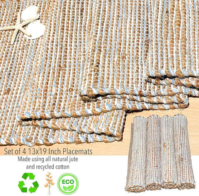 Chardin Home Natural Jute & Sky Blue-White Placemats, Set of 4 – Rustic Handmade Boho Table Mats, 13x19 in Dining Table Placemats - Kitchen, Everyday Meals, Holidays, Farmhouse or Modern Table Décor