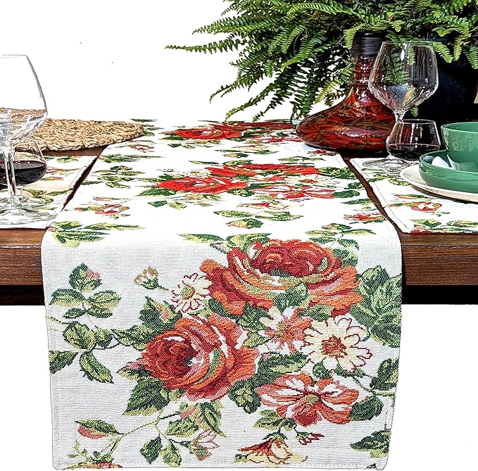 Tache Sweet Roses Spring Summer Flower Traditional French Country Vintage White Red Floral Decorative Woven Tapestry Long Kitchen Dining Table Runners, 13 x 90