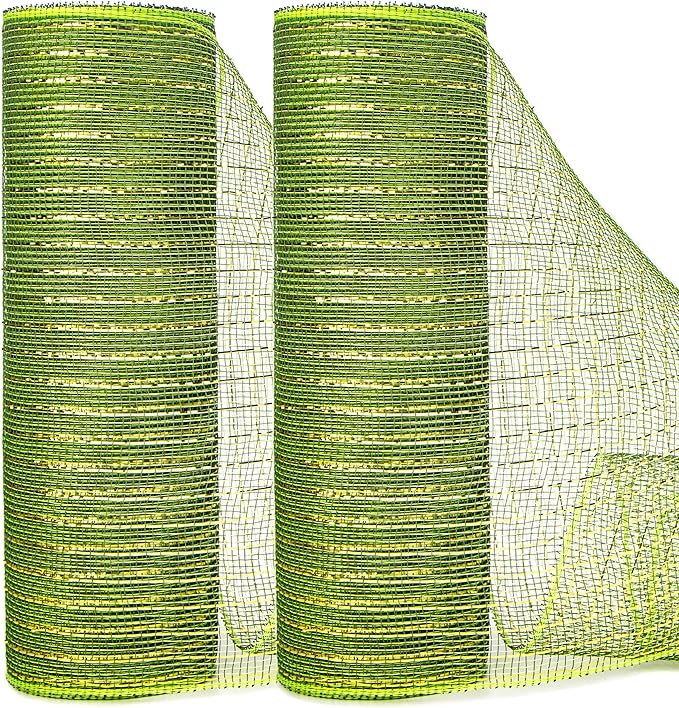 Ribbli 2 Rolls Moss Green Mesh Ribbon,10 inch x 30 feet(10Yard) Each Roll,Metallic Moss Green with Gold Foil,Christmas Ribbon for Wreath Swags and Decorating