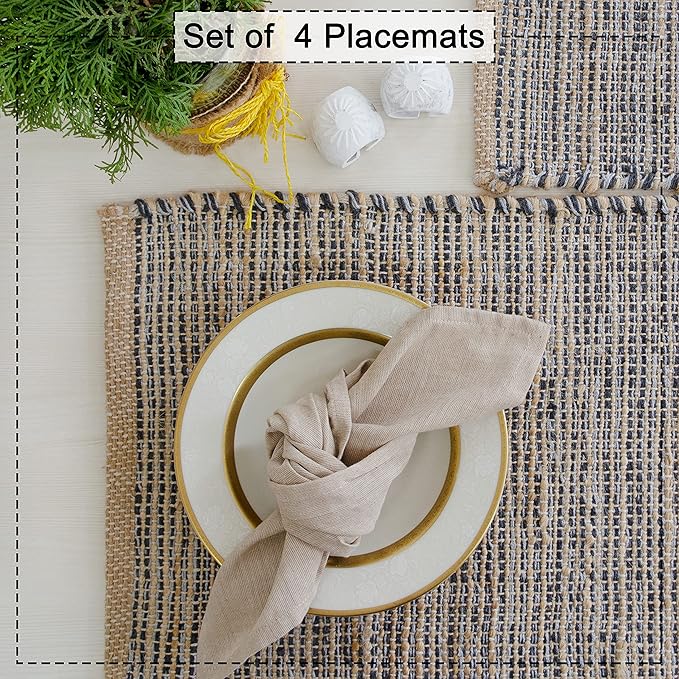 Chardin Home Natural Jute & Grey Placemats, Set of 4 – Rustic Handmade Boho Table Mats, 13x19 Inch Dining Table Placemats for Kitchen, Everyday Meals, Holidays, Farmhouse or Modern Table Décor