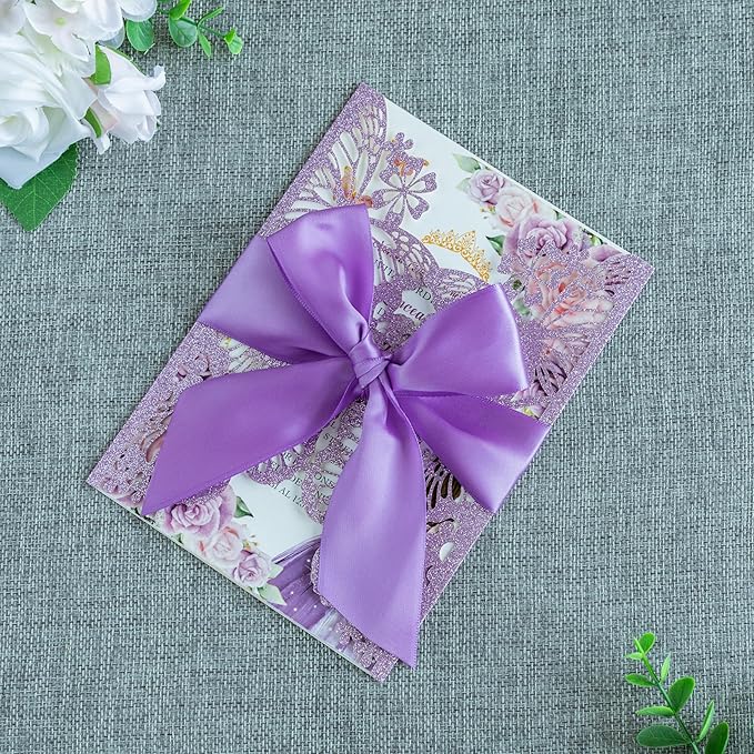 20 PCS 5.12x7.2 Butterfly Quinceanera Invitation, Laser Cut Wedding Invitation Cards with Envelopes for XV Anos Bridal Shower Baby Shower Invite (Purple Glitter)