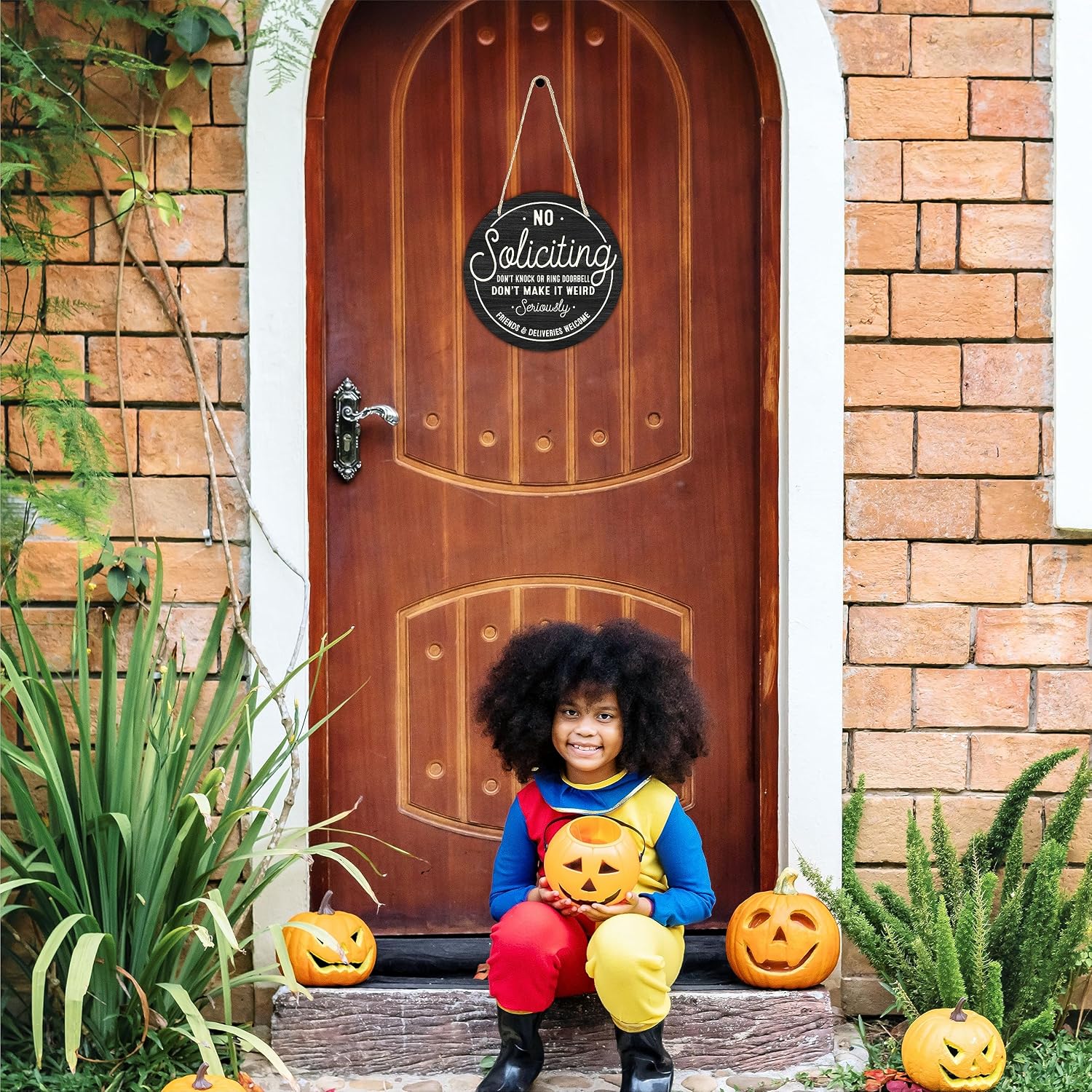 10" Wooden Sign for Front Door - No Soliciting, Don't knock or ring doorbell - House Welcome Sign, Funny Round Wood Hanging Sign for House decor home decor, gifts & accessories - C01