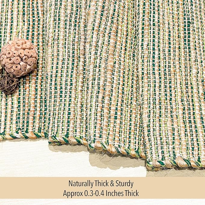 Chardin home Natural Jute Table Runner 13x90 Inch – Vintage Boho Rustic Table Decor – Handwoven Table Runner in Natural Jute and Green – Farmhouse Dining or Console Table Accent