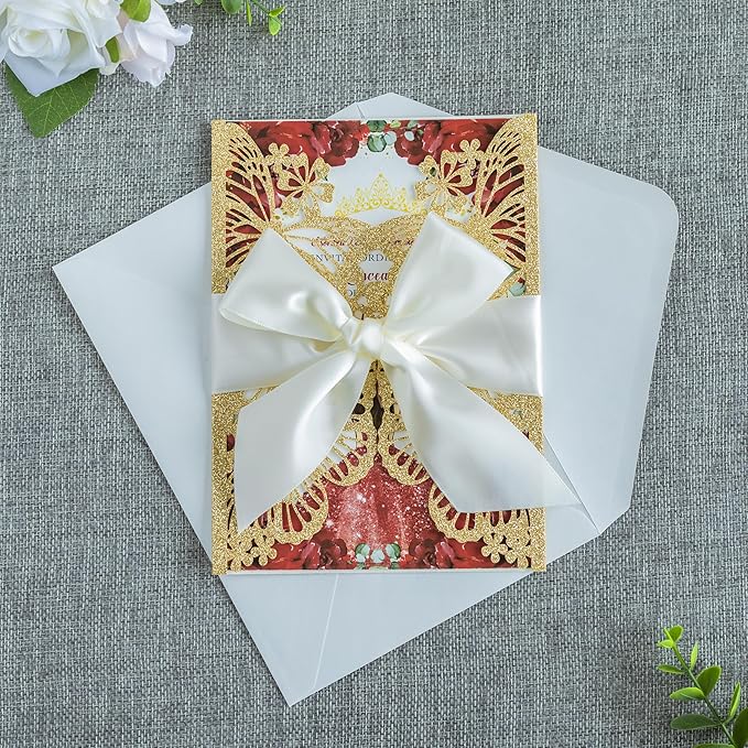 20 PCS 5.12x7.2 Butterfly Quinceanera Invitation, Laser Cut Wedding Invitation Cards with Envelopes for XV Anos Bridal Shower Baby Shower Invite (Gold Glitter)