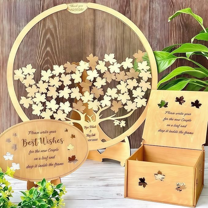 Personalized Wedding Guest Book Alternative - Wooden Leaf Guest Book Wedding, Personalized Wedding Reception, Custom Wooden GuestBook, Stereoscopic Tree Guest Book