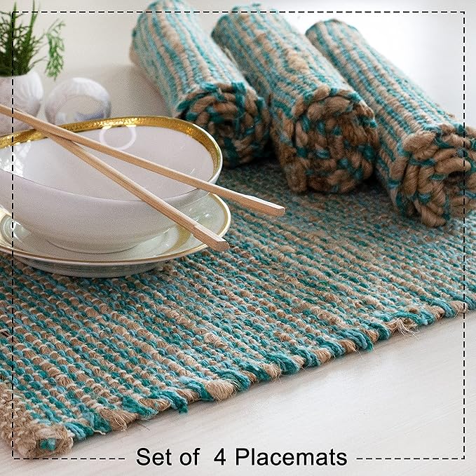 Chardin Home Natural Jute & Aqua Turquoise Placemats, Set of 4 – Rustic Handmade Boho Table Mats, 13x19 in Dining Table Placemats - Kitchen, Everyday Meals, Holidays, Farmhouse or Modern Table Décor