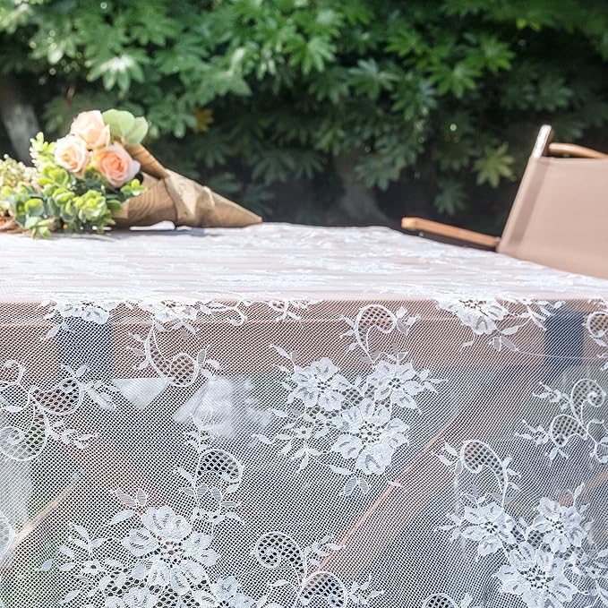 TINWIN Rectangle Lace Tablecloth 60x120 Inch White Vintage Runner Eyelash Fabric for Kitchen Dining Picnic Table Wedding Decor for Home Decoration Tea Party Decor-3