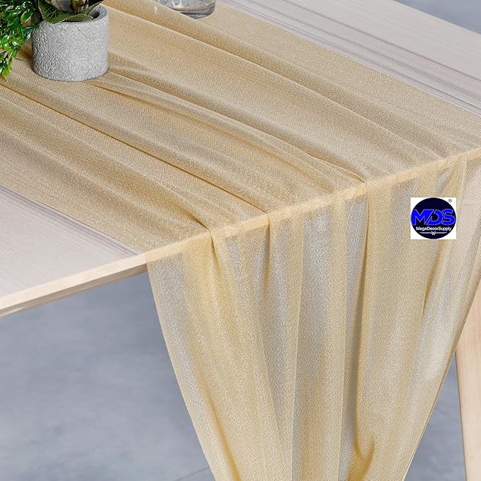 MDS 2 Pack 10ft Chiffon Table Runner 29 x 120 Inches Sheer Wedding Runner Romantic Rustic Table Runner for Wedding Decorations, Birthday Parties, Bridal Shower Party Arch Decor - Champagne Gold