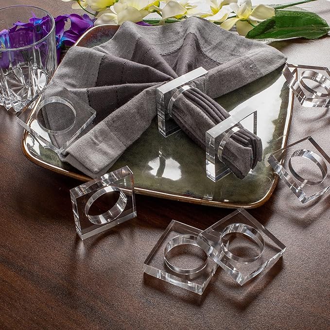 Acrylic Set of 12 Square Beveled Napkin Ring - Cloth Napkin Rings Serviette Buckles for Wedding, Birthday, Banquet, Table Décor, Home Décor, Gifting (Transparent) - CLEENTABLE