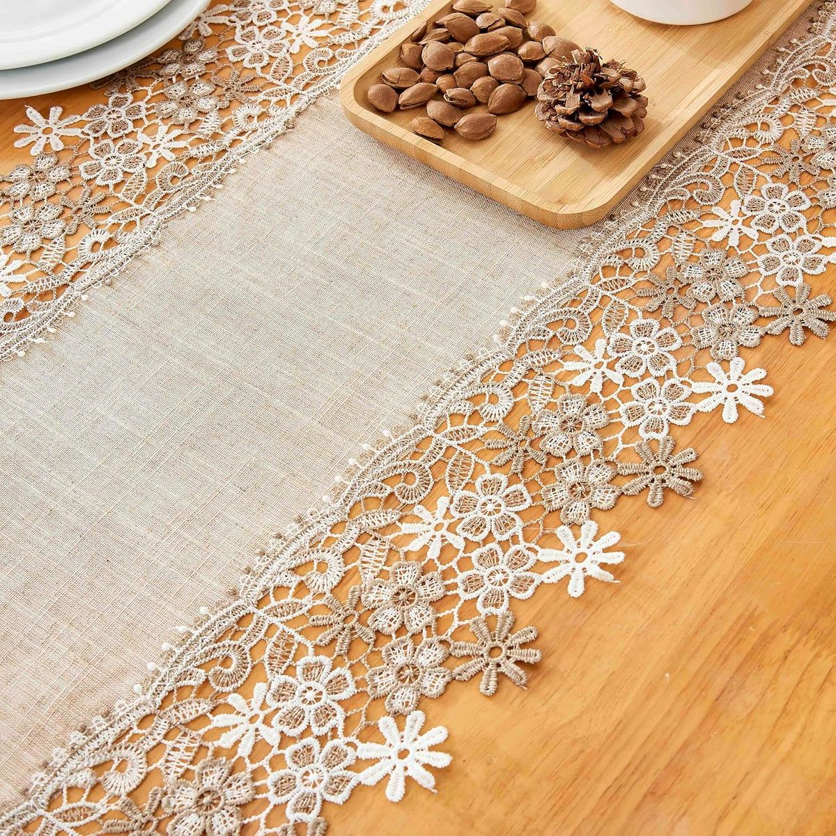 Natural Beige Floral Lace Table Runner Dresser Scarf (16” x120”)