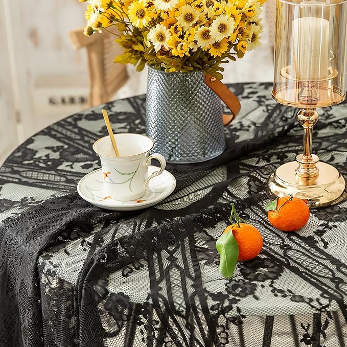 Gorgeous Round Lace Tablecloth,Vintage Floral Embroidered Table Cloths, Chic Round Table Cover for Wedding Banquet HolidayDinner Tables 60INCH (Black)