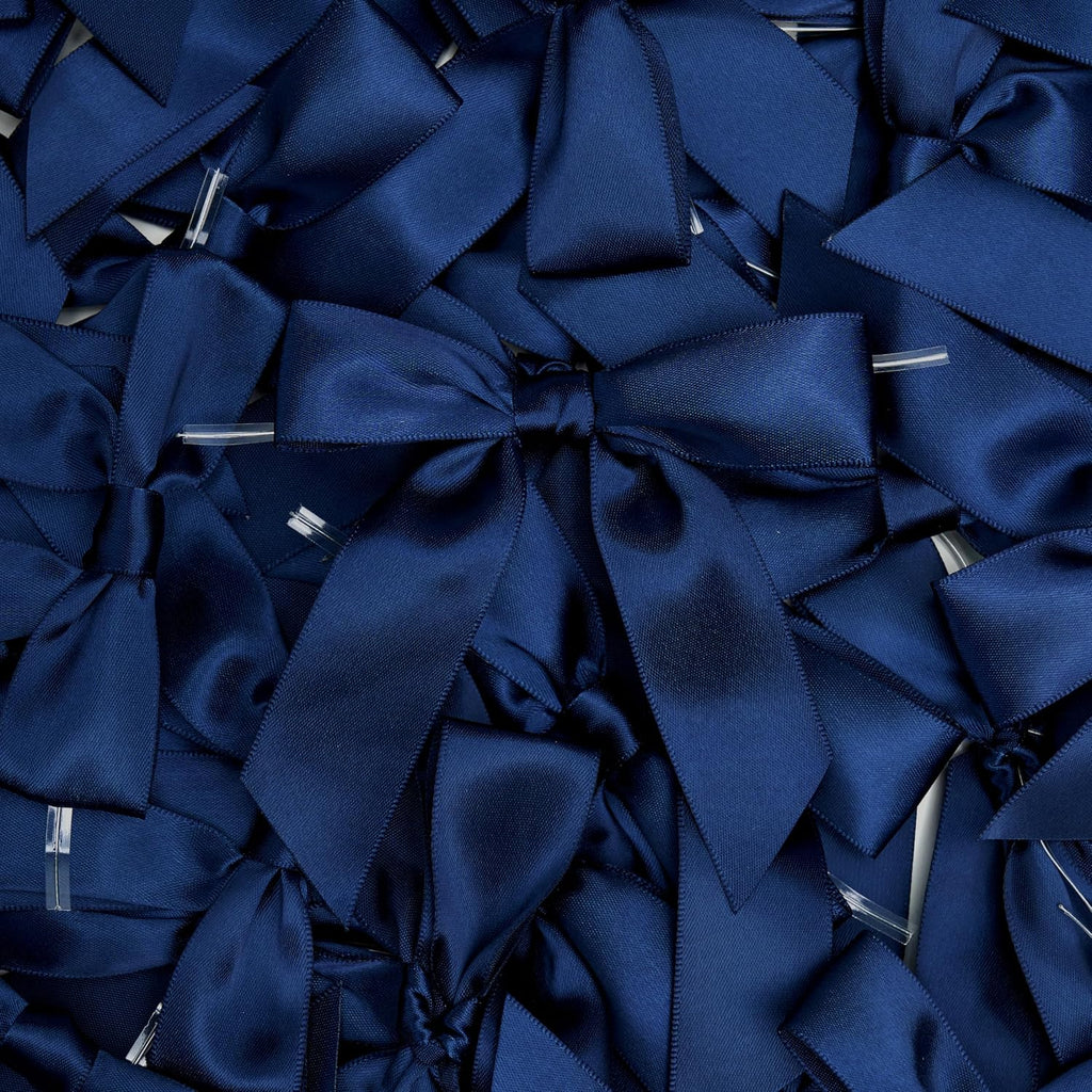 Blue Twist Tie Bows for Treat Bags 3.5" Pre-Tied Blue Bows Navy Satin Ribbon Bows for Gift Wrapping Premade Bows for Crafts, Party Favors, Wedding, Baby Shower Decorations (50 Pack)