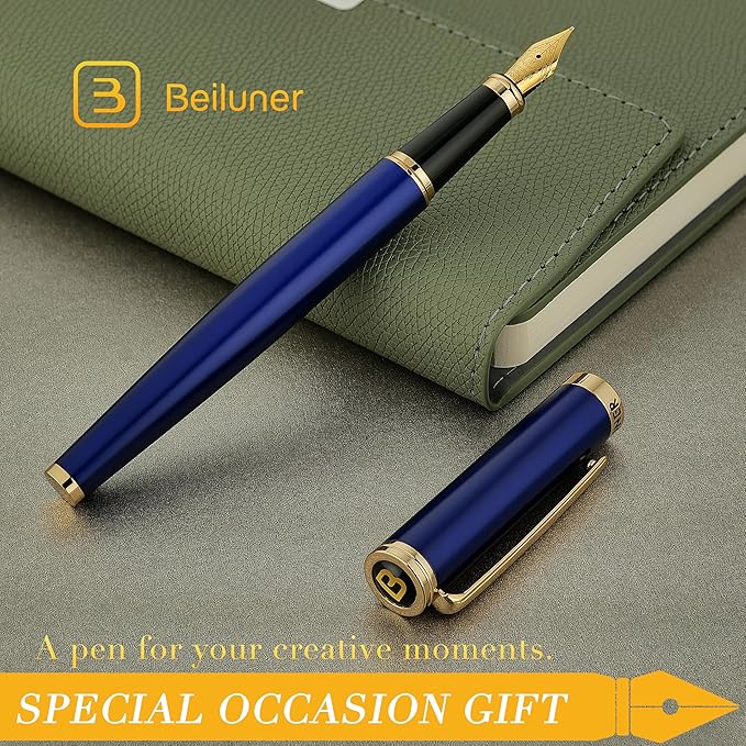 BEILUNER Blue Fountain Pen,Stunning Luxury Pens with 24K Gold Finish, Gorgeous 24K Gilded Nib(Medium), Fancy Pen Gift for Men&Women -Ink Converter-Elegant, Reliable,Nice Pen for Writing