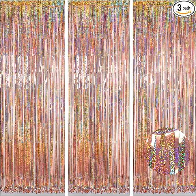 Foil Fringe Curtains Party Decorations - Melsan 3 Pack 3.2 x 8.2 ft Tinsel Curtain Party Photo Backdrop for Birthday Party Baby Shower Rose Gold